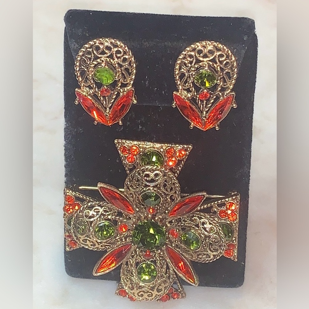 EMMONS MALTESE BROOCH CLIP EAR SET GREEN ORANGE VINTAGE GOLD REGAL SPLENDOR 1970 - Picture 4 of 11